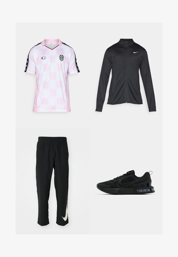 Svart idrettsjakke med lange ermer, krage og full glidelås. Har en subtil Nike-logo i hvitt på øvre venstre bryst. Glatt tekstur.; Lys rosa og hvit fotballskjorte med v-hals, svarte skulderstriper og en logo på brystet. Laget av pustende stoff.; Svarte treningbukser med elastisk midje, smalere design, med en stor hvit Nike-logo på venstre bein. Myk, lett stoff.; Svart Nike treningssko med mesh-overdel, gummisåle, polstret krage og en distinkt gjennomsiktig hældetalj.