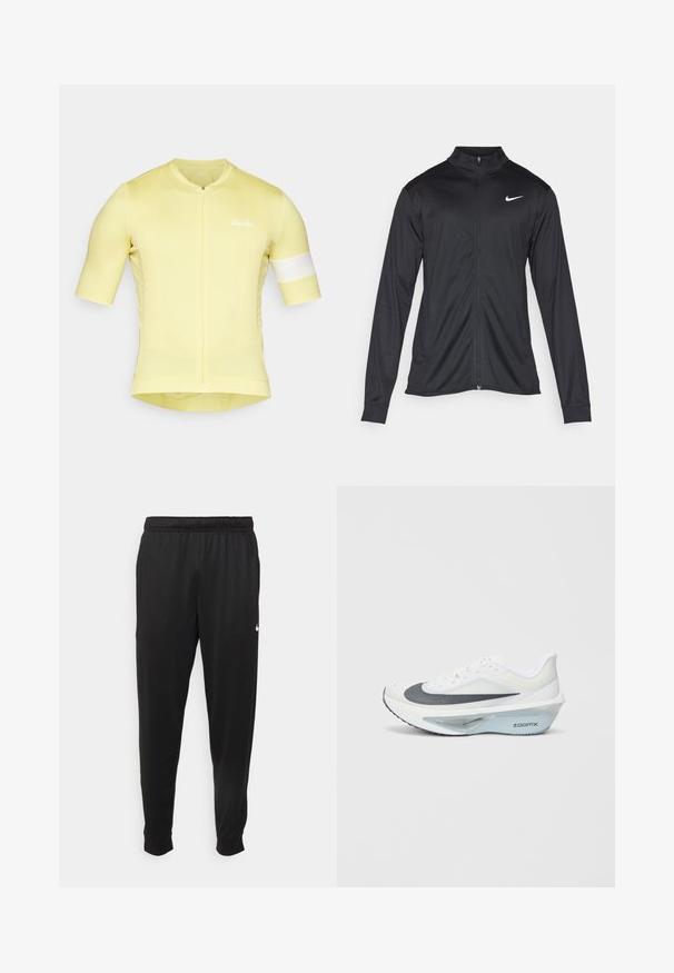 Black athletic jacket with long sleeves, collar, and full zipper. Features a subtle Nike logo in white on the upper left chest. Smooth texture.; Yellow cycling jersey with short sleeves, fitted design, textured fabric, zip front, and a white accent band on the sleeve. "Rapha" logo present.; Black athletic pants made of smooth fabric, featuring an elastic waistband, tapered legs, and a small white logo on the left side.; White athletic shoe with a grey mesh upper, a blue ZoomX foam midsole, and a curved outsole for enhanced propulsion and comfort.