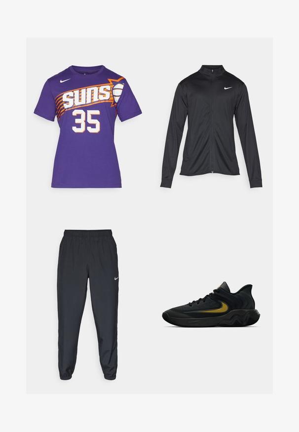 Giacca sportiva nera con maniche lunghe, colletto e zip completa. Presenta un logo Nike in bianco sulla parte superiore del lato sinistro del petto. Tessuto morbido.; T-shirt Nike viola con la scritta "Suns" in lettere bianche e arancioni, numero "35" in bianco con una texture perforata e maniche corte.; Pantaloni da jogging neri realizzati in tessuto leggero con cintura elastica, polsini alla caviglia e un logo Nike discreto sul lato sinistro.; Scarpa da ginnastica nera e grigia scura con lacci neri e logo swoosh dorato, caratterizzata da un design della suola ondulato e un colletto del tallone imbottito.