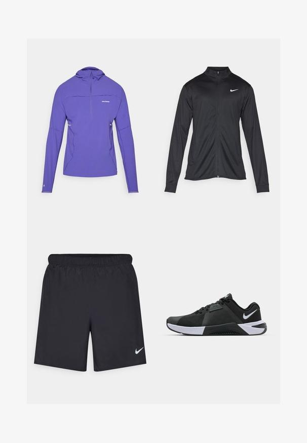 Fekete sportdzseki hosszú ujjal, gallérral és teljes cipzárral. Diszkrét fehér Nike logóval az upper bal mellen. Sima textúra.; Lila, hosszú ujjú pulóver félszipzárral, könnyű anyagból készült, lapos varrásokkal és fényvisszaverő részletekkel.; Fekete sportnadrág könnyű anyagból, rugalmas derékkal. A bal alsó oldalon egy kis fehér Nike-logó található.; Nike Performance METCON 10 - Edzőcipő - black/white/anthracite