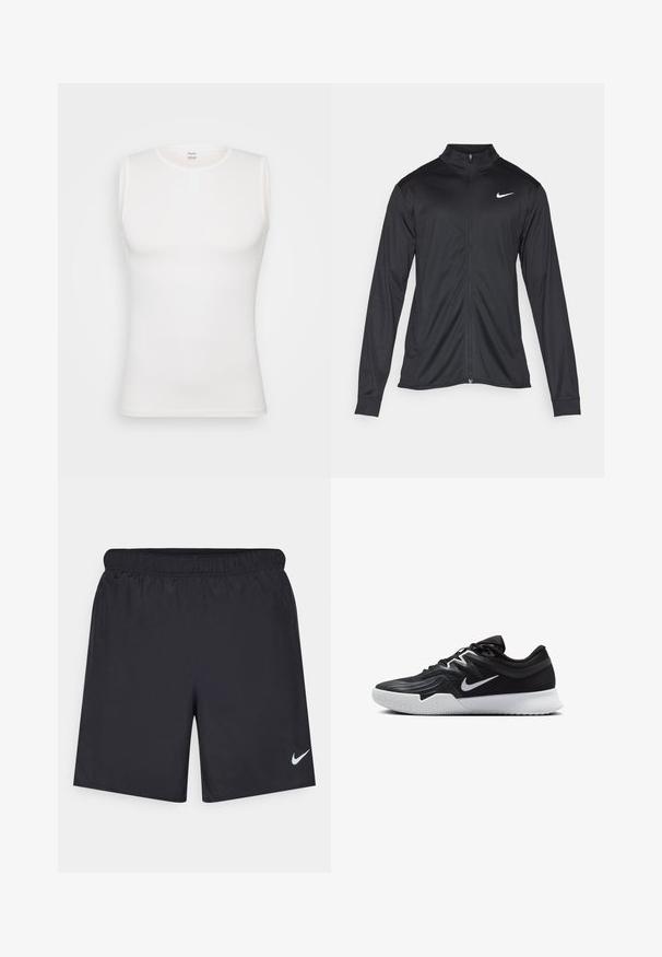 Czarna sportowa kurtka z długimi rękawami, kołnierzem i pełnym zamkiem. Posiada subtelne logo Nike w białym kolorze na lewej górnej części klatki piersiowej. Gładka tekstura.; Biały bezrękawnik z teksturowanej tkaniny, z okrągłym dekoltem i detalem w postaci guzika. Gładkie wykończenie, dopasowany kształt i prosta forma.; Czarne spodenki sportowe wykonane z lekkiego materiału, z elastycznym pasem. Posiadają małe białe logo Nike na dolnej lewej stronie.; Czarne buty sportowe z teksturowaną cholewką, białym logo Nike i białą gumową podeszwą. Charakteryzują się sznurowanym zapięciem i dynamicznym kształtem.