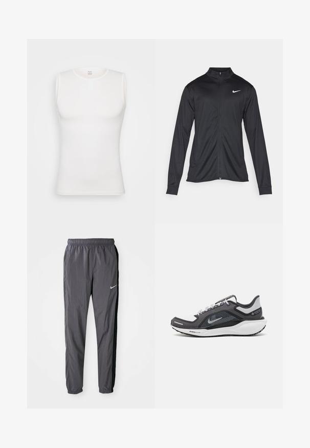 Chaqueta atlética negra con mangas largas, collar y cremallera completa. Presenta un sutil logo de Nike en blanco en la parte superior izquierda del pecho. Textura suave.; Top sin mangas blanco hecho de tejido texturizado con un escote redondo y un detalle de botón. Acabado suave, forma ajustada y diseño liso.; Pantalones de pista Nike, confeccionados con tejido ligero, en gris oscuro con paneles laterales negros. Presentan una cintura elástica y un logo reflectante.; Zapatilla deportiva negro y gris con parte superior de malla, acentos reflectantes y una entresuela blanca. Presenta una suela de goma texturizada y cordones.
