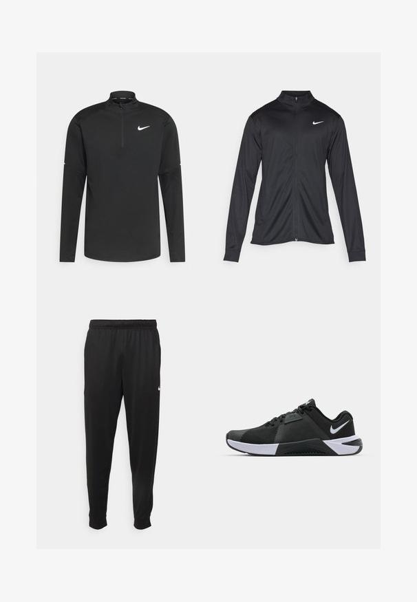 Schwarze Sportjacke mit langen Ärmeln, Kragen und voller Reißverschluss. Verfügt über ein dezentes Nike-Logo in Weiß auf der oberen linken Brust. Glatte Textur.; Schwarz langärmliges Sportoberteil mit Stehkragen und Viertelreißverschluss, mit weißem Nike-Logo auf der Brust und den Ärmeln. Glattes, leichtes Material.; Schwarze Sporthosen aus glattem Stoff, mit einem elastischen Bund, schmal zulaufenden Beinen und einem kleinen weißen Logo auf der linken Seite.; Nike Performance METCON 10 - Trainingsschuh - black/white/anthracite