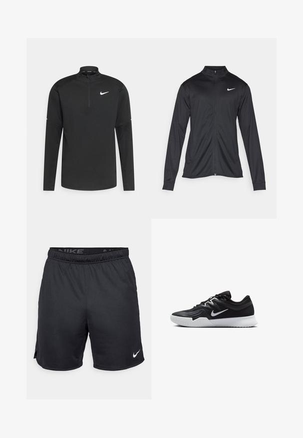 Μαύρο αθλητικό μπουφάν με μακριά μανίκια, γιακά και πλήρη φερμουάρ. Διαθέτει ένα διακριτικό λευκό λογότυπο της Nike στη πάνω αριστερή πλευρά του στήθους. Λείος υφασμάτινος χαρακτήρας.; Μαύρο αθλητικό μπλουζάκι με μακρύ μανίκι, ψηλό γιακά και φερμουάρ έως το ένα τέταρτο, με το λευκό λογότυπο της Nike στο στήθος και στα μανίκια. Απαλή, ελαφριά ύφανση.; Μαύρες σορτς Nike με ελαστική μέση, πλάγιες σχισμές και λευκό λογότυπο Nike στο κάτω άκρο. Φτιαγμένες από ελαφρύ, υφασμάτινο υλικό.; Μαύρο αθλητικό παπούτσι με υφή στο επάνω μέρος, λευκό σήμα Nike και λευκή καουτσούκ σόλα. Διαθέτει σχέδιο με κορδόνια και δυναμικό σχήμα.