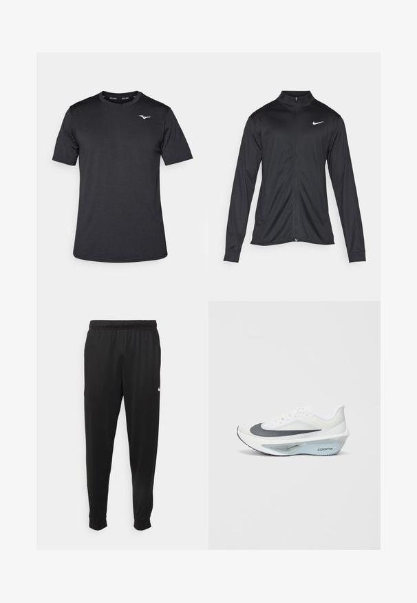 Veste de sport noire à manches longues, avec col et fermeture éclair intégrale. Présente un logo Nike subtil en blanc sur le côté supérieur gauche de la poitrine. Texture lisse.; T-shirt de sport noir à manches courtes en tissu lisse, avec un col rond et un logo discret sur la poitrine.; Pantalon de sport noir en tissu lisse, avec une taille élastique, des jambes fuselées et un petit logo blanc sur le côté gauche.; Baskets blanches avec un supérieur en maille grise, une semelle intermédiaire en mousse ZoomX bleue et une semelle extérieure incurvée pour une propulsion et un confort améliorés.