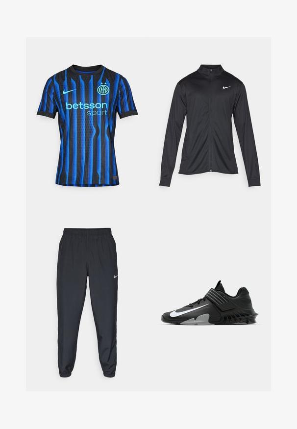 Juodas sportinis švarkas su ilgomis rankovėmis, apykakle ir pilnu užtrauktuku. Yra subtilus baltas Nike logotipas kairėje krūtinės pusėje. Lygus tekstūra.; Mėlynai juostuota trumpomis rankovėmis marškinėliai iš kvėpuojančios medžiagos, su logotipu, rėmimo tekstu ir dviem žvaigždėmis virš emblemos.; Juodos sportinės kelnės iš lengvos medžiagos su elastinga juosta, kulkšnies rankovėmis ir diskretišku Nike logotipu kairėje pusėje.; Juodi sportiniai batai su elegantišku dizainu, turintys ryškų baltą Nike logotipą, tekstūruotus paviršius ir išskirtinę formuotą padą.