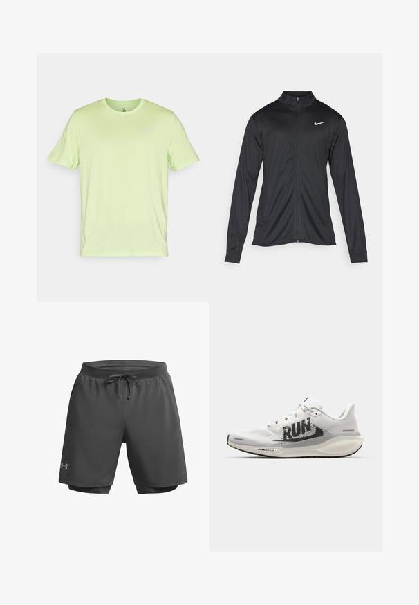 Must värvi sportlik jakk pikkade varrukatega, krae ja täispikk tõmblukk. Ülemises vasakus rinnas on diskreetne valge Nike logo. Sile tekstuur.; Heled roheline lühikeste varrukatega sportlik T-särk, mille vasakul rinnal on väike valge Under Armouri logo, ümmargune kaelus ja suuruse silt kraes.; Tumedat hallid spordilühikesed püksid elastse vöökoha, reguleeritava nööriga ja sisemise võrklinas voodriga; vasakul jalal on peen bränding.; Valge jooksujalats, mille pealmine osa on võrkpind, suure musta "RUN" graafikaga, heledates hallides aktsentidega ning pehme tallaga, millel on "AIR 200M" bränding.