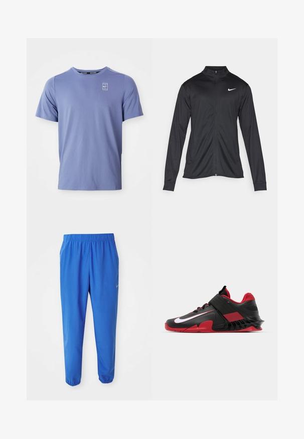 Jacket desportivo preto com mangas longas, colarinho e fecho zip completo. Apresenta um discreto logotipo da Nike em branco na parte superior do lado esquerdo do peito. Textura suave.; T-shirt de manga curta azul claro feito de tecido suave. Apresenta um pequeno logotipo branco no lado esquerdo do peito e um design clássico de gola redonda.; Calças de treino azuis com cintura elástica, design de perna reta e punhos ajustados. Apresenta o logótipo da Nike em dourado no lado esquerdo.; Ténis de atletismo em preto e vermelho com um design elegante, parte superior em malha texturizada, sola de borracha resistente e um destaque proeminente com o logótipo branco.