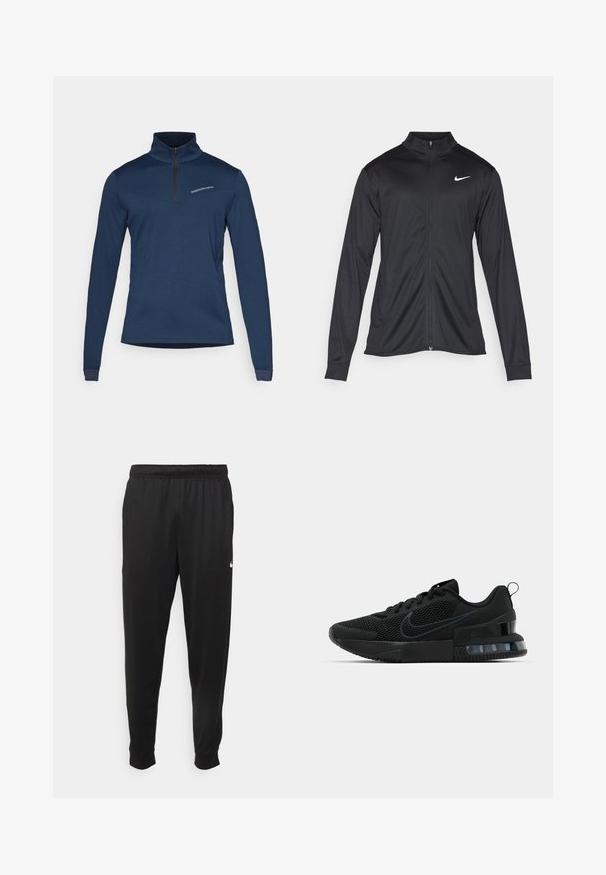 Μαύρο αθλητικό μπουφάν με μακριά μανίκια, γιακά και πλήρη φερμουάρ. Διαθέτει ένα διακριτικό λευκό λογότυπο της Nike στη πάνω αριστερή πλευρά του στήθους. Λείος υφασμάτινος χαρακτήρας.; Ναυτικό μπλε μακρυμάνικος πουλόβερ με φερμουάρ στον λαιμό, φτιαγμένο από μαλακό ύφασμα. Διαθέτει σχέδιο με διαγώνια πάνελ και διακριτό λογότυπο στο στήθος.; Μαύρο αθλητικό παντελόνι από λείο ύφασμα, με ελαστική μέση, κοφτά μπατζάκια και μικρό λευκό λογότυπο στην αριστερή πλευρά.; Μαύρα αθλητικά παπούτσια Nike με πάνω μέρος από διχτυωτό υλικό, υφή στη σόλα και εμφανή μονάδα αέρα στη φτέρνα. Διακοσμητικά και λογότυπο σε πιο σκούρο μαύρο χρώμα.