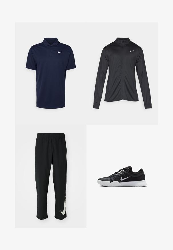 Veste de sport noire à manches longues, avec col et fermeture éclair intégrale. Présente un logo Nike subtil en blanc sur le côté supérieur gauche de la poitrine. Texture lisse.; Polo bleu marine en tissu lisse, doté d'une patte de boutonnage à trois boutons, de manches courtes et d'un petit logo Nike blanc sur la poitrine.; Pantalons de sport noirs avec une ceinture élastique, design fuselé, dotés d'un grand logo Nike blanc sur la jambe gauche. Tissu doux et léger.; Chaussure de sport noire avec une tige texturée, un swoosh blanc de Nike et une semelle extérieure en caoutchouc blanc. Elle présente un design à lacets et une forme dynamique.