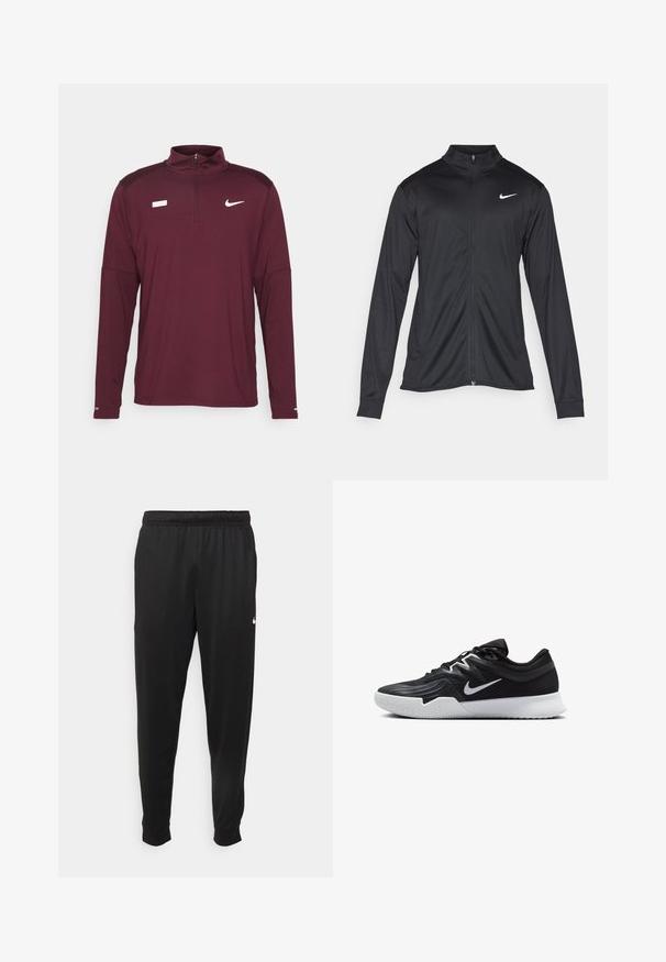 Svart idrettsjakke med lange ermer, krage og full glidelås. Har en subtil Nike-logo i hvitt på øvre venstre bryst. Glatt tekstur.; Nike Performance T-skjorte til trening - night maroon; Svarte treningsbukser laget av glatt stoff, med elastisk midje, smale ben og en liten hvit logo på venstre side.; Svart treningssko med teksturert overdel, hvit Nike-swoosh og hvit gummisåle. Har snøring og en dynamisk form.