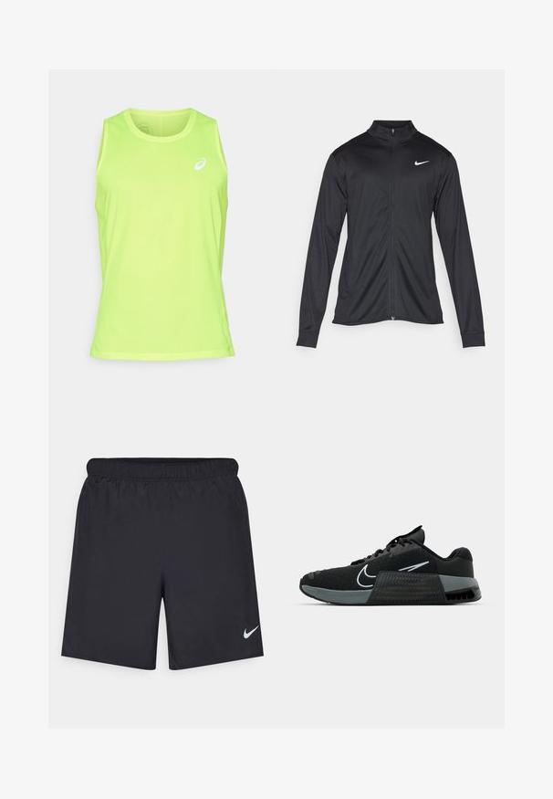 Čierna športová bunda s dlhými rukávmi, golierom a plným zipsom. Obsahuje nenápadné logo Nike v bielej farbe na hornej ľavej hrudi. Hladká textúra.; ASICS CORE SINGLET - Top - safety yellow; Čierne atletické šortky z ľahkého materiálu s elastickým pásom. Na dolnej ľavej strane majú malé biele logo Nike.; Čierna atletická obuv s plastovou sieťou, šedými akcentmi a textúrovanou medzipodrážkou. Obsahuje výrazné logo a šnurovací dizajn. Gumová podrážka pre lepšiu trakciu.