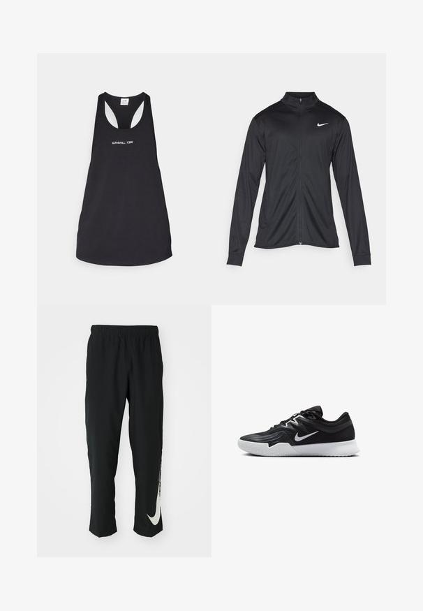 Jacket desportivo preto com mangas longas, colarinho e fecho zip completo. Apresenta um discreto logotipo da Nike em branco na parte superior do lado esquerdo do peito. Textura suave.; Camisola preta sem mangas feita de um tecido suave, com decote redondo e design racerback, apresentando texto branco a dizer "ICANIWILL | CIW" na parte da frente.; Calças atléticas pretas com cintura elástica, design afunilado, apresentando um grande logótipo branco da Nike na perna esquerda. Tecido macio e leve.; Sapatilha atlética preta com um cabedal texturizado, swoosh branco da Nike e uma sola de borracha branca. Apresenta um design com atacadores e uma forma dinâmica.