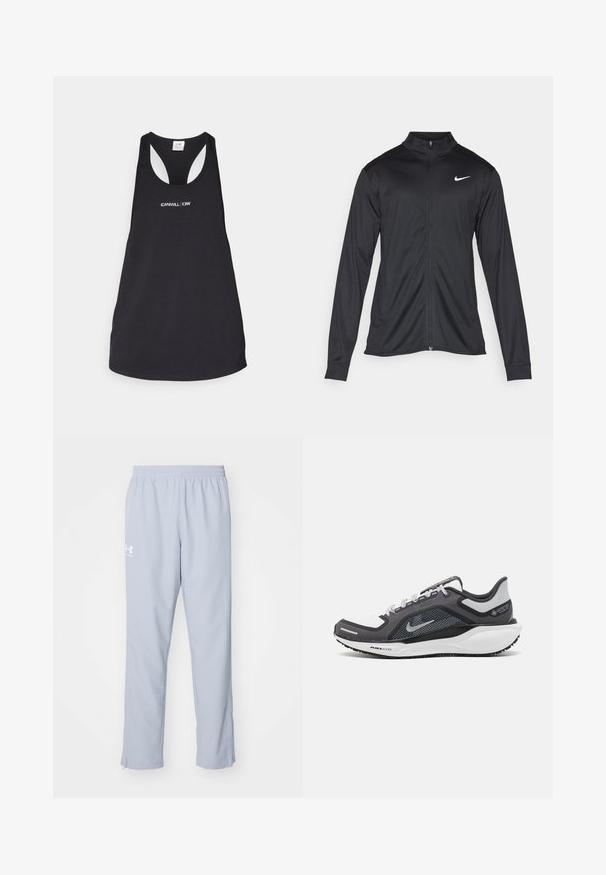 Černá sportovní bunda s dlouhými rukávy, límcem a plným zipem. Má decentní bílou logo značky Nike na horní levé části hrudi. Hladká textura.; Černý top bez rukávů vyrobený z měkkého materiálu se kulatým výstřihem a designem racerback, s bílým textem "ICANIWILL | CIW" na přední straně.; Světle modré sportovní kalhoty s elastickým pasem, bočními kapsami a zipy na kotnících. Na levém stehně se nachází bílá logo.; Černá a šedá sportovní obuv s vrškem z prodyšné síťoviny, reflexními akcenty a bílou mezipodešví. Obsahuje texturovanou gumovou podrážku a tkaničky.