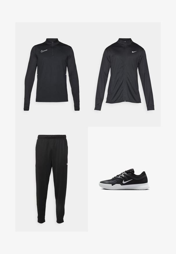 Black athletic jacket with long sleeves, collar, and full zipper. Features a subtle Nike logo in white on the upper left chest. Smooth texture.; Long-sleeve black athletic shirt with a quarter-zip neck, Nike logo in white, and contrasting white side accents. Smooth fabric texture.; Black athletic pants made of smooth fabric, featuring an elastic waistband, tapered legs, and a small white logo on the left side.; Black athletic shoe with a textured upper, white Nike swoosh, and a white rubber outsole. Features a lace-up design and dynamic shape.