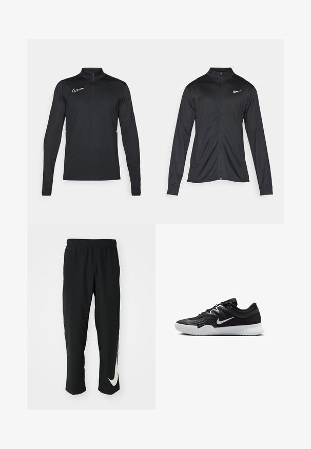 Giacca sportiva nera con maniche lunghe, colletto e zip completa. Presenta un logo Nike in bianco sulla parte superiore del lato sinistro del petto. Tessuto morbido.; Maglietta sportiva nera a maniche lunghe con collo a zip quarti, logo Nike in bianco e dettagli laterali bianchi a contrasto. Tessuto dalla texture liscia.; Pantaloni sportivi neri con cintura elasticizzata, design affusolato, caratterizzati da un grande logo Nike bianco sulla gamba sinistra. Tessuto morbido e leggero.; Scarpa sportiva nera con tomaia testurizzata, logo Nike swoosh bianco e suola in gomma bianca. Presenta un design con lacci e una forma dinamica.