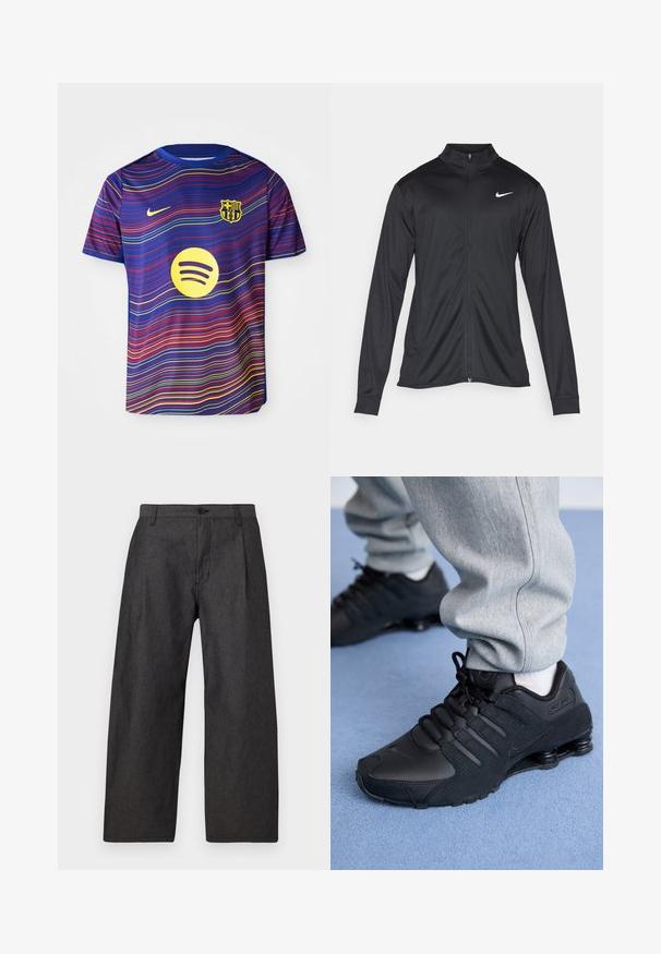 Schwarze Sportjacke mit langen Ärmeln, Kragen und voller Reißverschluss. Verfügt über ein dezentes Nike-Logo in Weiß auf der oberen linken Brust. Glatte Textur.; Fußballtrikot von Barcelona in Blau mit roten und gelben Wellenmustern. Auf der Vorderseite sind ein Nike-Logo und ein gelbes Spotify-Logo zu sehen.; Dunkelgraue weit geschnittene Hose aus strukturiertem Stoff. Mit einem Knopfverschluss vorne und zwei seitlichen Taschen. Minimalistisches Design ohne Muster.; Person in schwarzen Nike Shox Sneakers und grauen Jogginghosen, der auf einem hellblauen Teppich steht.