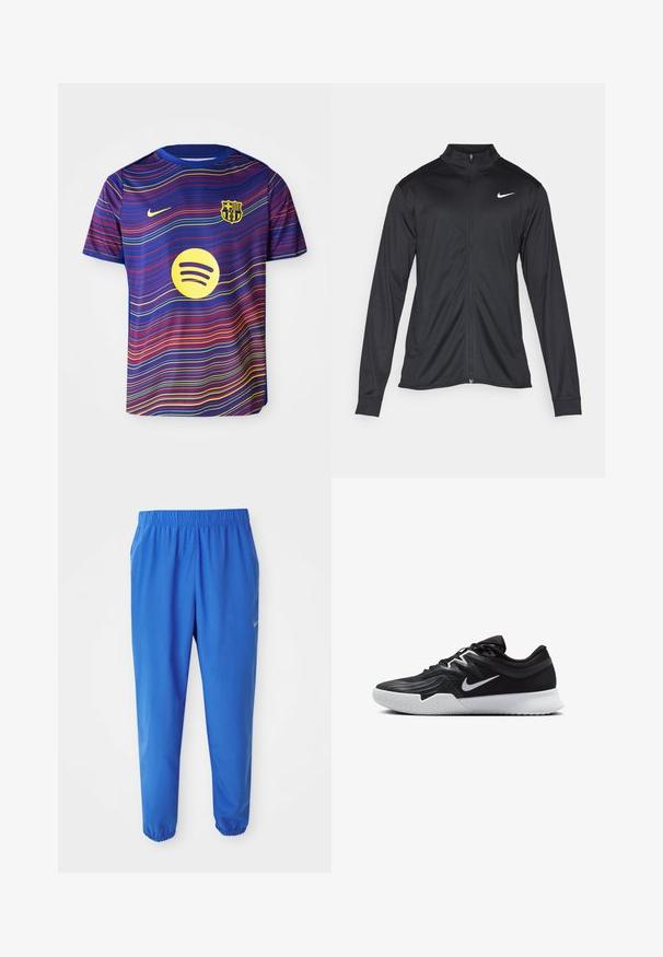 Must värvi sportlik jakk pikkade varrukatega, krae ja täispikk tõmblukk. Ülemises vasakus rinnas on diskreetne valge Nike logo. Sile tekstuur.; Barcelona jalgpallimüts sinises, punase ja kollase lainekujundiga. Ees on Nike logo ja kollane Spotify logo.; Sinised spordipüksid elastse vöökoha, sirge jala disaini ja kitsenevate sääremukudega. Vasakul küljel on kuldne Nike logo.; Must mustad jalanikesad rikaste ülaservaga, valge Nike swoosh'i ja valge kummist välispõhjaga. Omab paeltega sulgemisdetaili ja dünaamilist kuju.