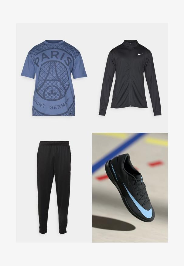 Črna atletska jakna z dolgimi rokavi, ovratnikom in polnim zadrgo. Vključuje diskreten bel Nike logotip na zgornjem levem delu prsnega koša. Gladka tekstura.; Svijetloplava majica kratkih rukava s geometrijskim uzorkom, velikim natpisom "PARIZ" i detaljem "SAINT-GERMAIN". Izrađena od mekanog materijala s okruglim izrezom.; Črne športne hlače iz gladkega materiala, z elastičnim pasom, zoženimi hlačnicami in majhnim belim logotipom na levi strani.; Črne športne copate z modrimi detajli, teksturirana površina, vezalni dizajn in značilni Nike logotip. Gumijast podplat z vzorci za oprijem.