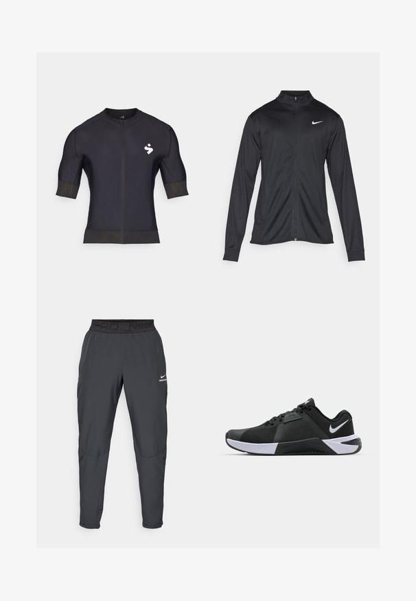 Černá sportovní bunda s dlouhými rukávy, límcem a plným zipem. Má decentní bílou logo značky Nike na horní levé části hrudi. Hladká textura.; Černá zipová košile s krátkým rukávem, vyrobená z hladké tkaniny. Má malé bílé logo na levé hrudi a texturované manžety rukávů.; Pánské kalhoty Nike Pro v tmavě šedé barvě, s černým elastickým pasem se textem "PRD" a "NIKE PRO", hladká tkanina, zeštíhlený design a jemné detaily v prošívání.; Nike Performance METCON 10 - Sportovní boty - black/white/anthracite