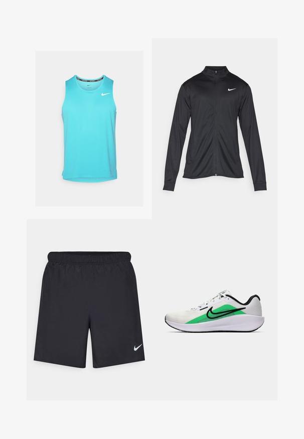 Svart idrettsjakke med lange ermer, krage og full glidelås. Har en subtil Nike-logo i hvitt på øvre venstre bryst. Glatt tekstur.; Lyseblå ermeløs treningsbakgrunn med rund hals og Nike-logo på venstre bryst, laget av pustende stoff.; Svart sportskjørt laget av lett materiale med elastisk linning. Har en liten hvit Nike-logo nederst til venstre.; Hvit atletisk sko med grønt aksent, svart logo, mesh-overdel, polstret såle og rund hæl. Har snøring og kontrastdetaljer.