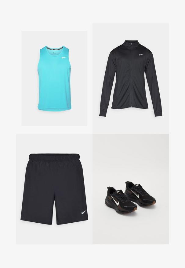 Schwarze Sportjacke mit langen Ärmeln, Kragen und voller Reißverschluss. Verfügt über ein dezentes Nike-Logo in Weiß auf der oberen linken Brust. Glatte Textur.; Helles blaues, ärmelloses Sporttanktop mit rundem Ausschnitt und Nike-Logo auf der linken Brust, aus atmungsaktivem Material.; Schwarze sportliche Shorts aus leichtem Material mit einem elastischen Bund. Auf der unteren linken Seite befindet sich ein kleines weißes Nike-Logo.; Schwarze Sportschuhe mit einem atmungsaktiven Mesh-Obermaterial, weißem Nike-Swoosh, strukturiertem Sohlenprofil und kontrastierenden braunen Akzenten. Mit verstärktem Fersenbereich.