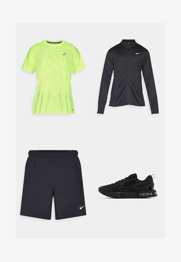 Jachetă sportivă neagră cu mâneci lungi, guler și fermoar complet. Prezintă un logo Nike subtil, alb, pe pieptul din stânga sus. Textură netedă.; Cămășuță sport din plasă, galben-neon, cu mânecă scurtă, model de ventilație geometric și un logo mic pe piept.; Pantaloni scurți atletici negri, fabricați dintr-un material ușor, cu un talie elastică. Au un mic logo alb Nike în partea stângă jos.; Pantofii atletici negri Nike au un superior din plasă, talpă din cauciuc, guler căptușit și un accent distinct transparent în călcâi.