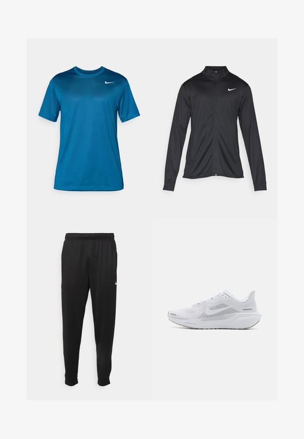 Črna atletska jakna z dolgimi rokavi, ovratnikom in polnim zadrgo. Vključuje diskreten bel Nike logotip na zgornjem levem delu prsnega koša. Gladka tekstura.; Kratka majica s kratkimi rokavi v modri barvi, izdelana iz gladkega, vlažnost odvajajočega materiala. Ima okroglo ovratnico in majhen logotip na prsih.; Črne športne hlače iz gladkega materiala, z elastičnim pasom, zoženimi hlačnicami in majhnim belim logotipom na levi strani.; Bela atletska copata z mrežasto zgornjo plastjo, gladkimi teksturiranimi dodatki, sivi poudarki, vezalkami in blaženim podplatom, zasnovana za zmogljivost.