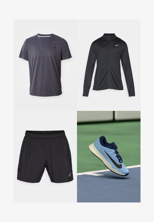 Juodas sportinis švarkas su ilgomis rankovėmis, apykakle ir pilnu užtrauktuku. Yra subtilus baltas Nike logotipas kairėje krūtinės pusėje. Lygus tekstūra.; Tamsiai pilkas trumpas rankovės sportinis marškinėliai su mažuoju juodu logotipu kairėje krūtinės pusėje ir dryžuotu ornamentu apykaklės viduje.; Juodi sportiniai šortai, pagaminti iš lengvos medžiagos, su elastinga juosmens juosta ir maža logotipu apatinėje kairėje pusėje.; Šviesiai mėlyna sportinė avalynė su tamsiai mėlynais akcentais, tekstūruota tinklelis viršutinėje dalyje ir juodu "Swoosh" logotipu. turi paminkštintą tarpinį padas ir guminį padas.