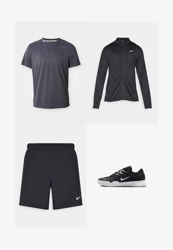 Must värvi sportlik jakk pikkade varrukatega, krae ja täispikk tõmblukk. Ülemises vasakus rinnas on diskreetne valge Nike logo. Sile tekstuur.; Tumehall lühikeste varrukatega spordipaita, mille vasakus rinnas on väike must logo ja krae sees on triibuline detail.; Mustad mustikud lühikesed püksid, mis on valmistatud kergest materjalist ja millel on elastne vöökoht. Alumisel vasakul küljel on väike valge Nike logo.; Must mustad jalanikesad rikaste ülaservaga, valge Nike swoosh'i ja valge kummist välispõhjaga. Omab paeltega sulgemisdetaili ja dünaamilist kuju.