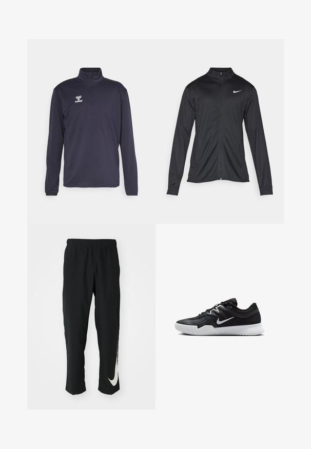 Schwarze Sportjacke mit langen Ärmeln, Kragen und voller Reißverschluss. Verfügt über ein dezentes Nike-Logo in Weiß auf der oberen linken Brust. Glatte Textur.; Marineblauer Quarter-Zip-Pullover aus glattem, leichtem Gewebe. Mit langen Ärmeln und einem weißen Logo auf der Brust für einen Kontrast.; Schwarze Sporthose mit elastischem Bund und taillierter Passform, auf der linken Beinschulter befindet sich ein großes weißes Nike-Logo. Weicher, leichter Stoff.; Schwarzer Sportschuh mit strukturiertem Obermaterial, weißem Nike-Warenzeichen und einer weißen Gummisohle. Verfügt über ein Schnürdesign und eine dynamische Form.