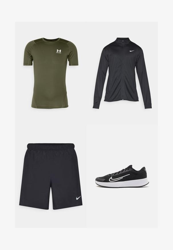Zwarte sportjack met lange mouwen, kraag en volle rits. Voorzien van een subtiele Nike-logo in het wit op de bovenste linkerborst. Soepele textuur.; Olijfgroene sportshirt met korte mouwen, gemaakt van gladde, rekbare stof. Voorzien van een wit Under Armour-logo op de borst en platte naden.; Zwarte sportshorts gemaakt van lichtgewicht materiaal met een elastische tailleband. Voorzien van een klein wit Nike-logo aan de onderzijde aan de linkerkant.; Zwarte sportschoenen met een bovenwerk van mesh, een wit logo en accenten, een comfortzool en een gestructureerde rubberen loopzool voor grip.