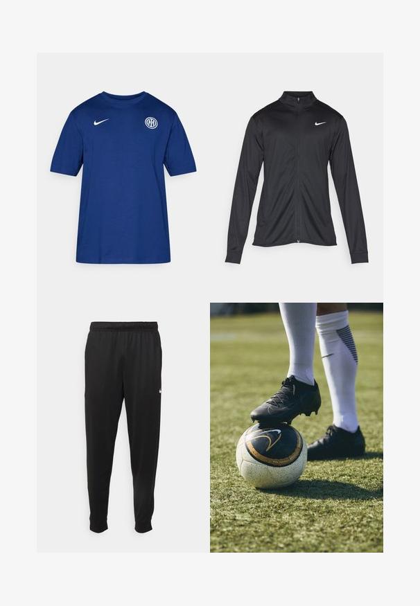 Jachetă sportivă neagră cu mâneci lungi, guler și fermoar complet. Prezintă un logo Nike subtil, alb, pe pieptul din stânga sus. Textură netedă.; Tricou din bumbac albastru cu mânecă scurtă și guler rotund, având un logo alb Nike pe umăr și un emblema rotundă a clubului pe piept.; Pantaloni sportivi negri dintr-o țesătură netedă, cu un elastic la brâu, picioare conice și un mic logo alb pe partea stângă.; Ciorap de fotbal negru pe o minge de fotbal cu un model alb și negru, așezată pe iarbă verde. Ciorapul are un material texturat și șireturi.