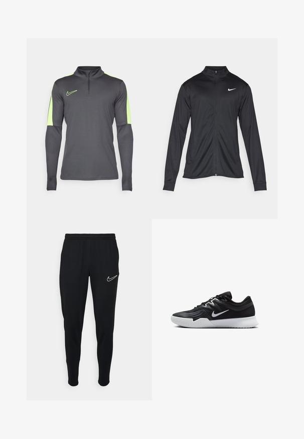 Czarna sportowa kurtka z długimi rękawami, kołnierzem i pełnym zamkiem. Posiada subtelne logo Nike w białym kolorze na lewej górnej części klatki piersiowej. Gładka tekstura.; Szara sportowa koszulka z długim rękawem i kołnierzem na pół-zamek, z neonowo zielonymi akcentami na ramionach i rękach oraz logo na piersi.; Czarne dresowe joggery z elastycznym pasem, dopasowane, z białym logo Nike po lewej stronie. Miękka tkanina o gładkiej fakturze.; Czarne buty sportowe z teksturowaną cholewką, białym logo Nike i białą gumową podeszwą. Charakteryzują się sznurowanym zapięciem i dynamicznym kształtem.