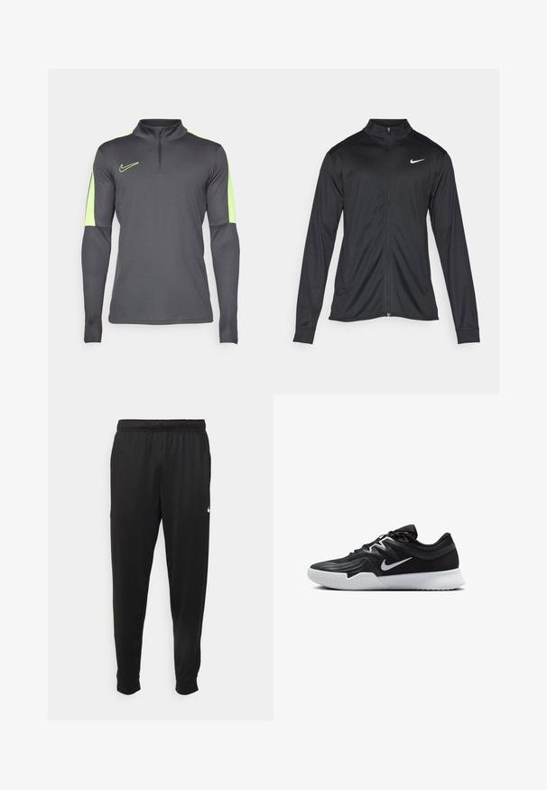 Černá sportovní bunda s dlouhými rukávy, límcem a plným zipem. Má decentní bílou logo značky Nike na horní levé části hrudi. Hladká textura.; Šedé sportovní tričko s dlouhým rukávem a polovičním zipem, s neonově zelenými akcenty na ramenou a rukávech, a s logem na hrudi.; Černé sportovní kalhoty vyrobené z hladké tkaniny, s elastickým pasem, zúženými nohavicemi a malým bílým logem na levé straně.; Černá atletická bota s texturovaným svrškem, bílým logem Nike a bílou gumovou podrážkou. Disponuje šněrovacím designem a dynamickým tvarem.