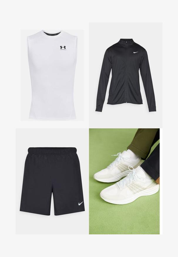 Czarna sportowa kurtka z długimi rękawami, kołnierzem i pełnym zamkiem. Posiada subtelne logo Nike w białym kolorze na lewej górnej części klatki piersiowej. Gładka tekstura.; Biała bezrękawnik sportowy wykonany z tkaniny odprowadzającej wilgoć. Posiada okrągły dekolt, płaskie szwy oraz czarne logo Under Armour na klatce piersiowej.; Czarne spodenki sportowe wykonane z lekkiego materiału, z elastycznym pasem. Posiadają małe białe logo Nike na dolnej lewej stronie.; Białe buty sportowe z jasnoniebieskimi akcentami, z siateczkowego materiału, zaokrąglonym noskiem i piętrową podeszwą. Noszone z podwiniętymi ciemnymi spodniami na zielonej powierzchni.
