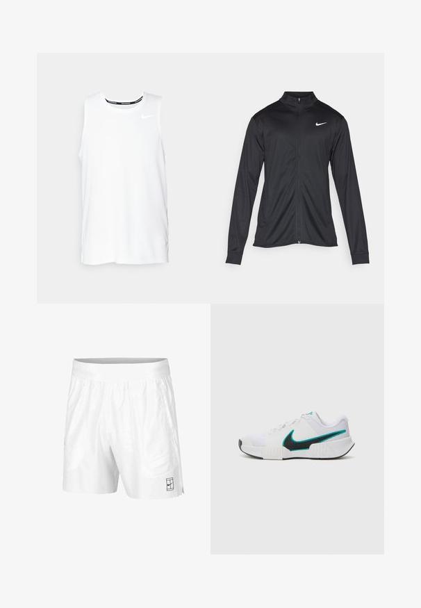 Svart idrettsjakke med lange ermer, krage og full glidelås. Har en subtil Nike-logo i hvitt på øvre venstre bryst. Glatt tekstur.; Hvit ermeløs Nike løpetopp med rund hals, glatt tekstur, og svart Nike-logo på øvre venstre bryst.; Hvite sportsshorts laget av lettvektstoff med elastisk midjebånd, med to sidelommer og en liten svart logo på kanten.; Hvit atletisk sko med teksturert mesh-overdel, svart gummisåle og teal Nike swoosh-detalj. Har snøring og polstret krage.