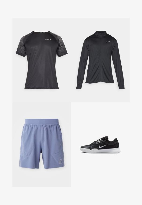 Musta urheilutakki pitkillä hihoilla, kauluksella ja kokonaisella vetoketjulla. Täydentää hienovarainen Nike-logo valkoisena vasemmassa ylärinnassa. Litteä pinta.; Endless FEISTY HEXAGON - Printtipaita - black; Vaaleansiniset urheilushortsit, joissa on joustava vyötärö, kaksi sivutaskua ja pieni valkoinen logo oikean etu-alan alareunassa. Saumaton pinta.; Musta urheilukenkä, jossa on teksturoitu päällinen, valkoinen Nike-tikkaus ja valkoinen kumipohja. Kenkässä on nauhakuji ja dynaaminen muoto.