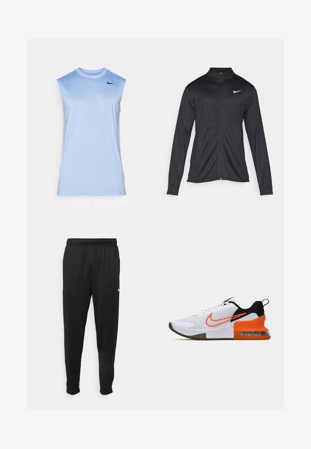 Must värvi sportlik jakk pikkade varrukatega, krae ja täispikk tõmblukk. Ülemises vasakus rinnas on diskreetne valge Nike logo. Sile tekstuur.; Heledad sin varrukatega helesinine spordipoliis, mis on valmistatud kergest materjalist, ringkaelusega ja väikese musta Nike logo eest.; Mustad mustekad athletic-püksid sujuvast kangast, elastse vöökoha, kitsenevate jalgade ja väikese valge logoga vasakul küljel.; Valge sportlik king, millel on tekstuuriga võrkkangas, mustad ja oranžid detailid, paks kummitald ja selge õhukambriga osa kanna juures.