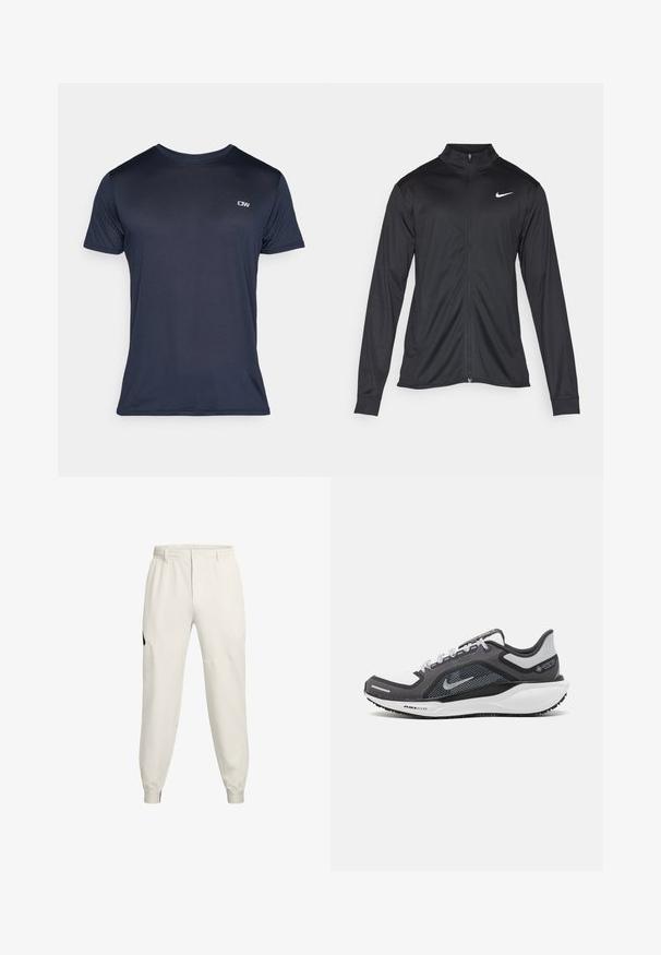 Juodas sportinis švarkas su ilgomis rankovėmis, apykakle ir pilnu užtrauktuku. Yra subtilus baltas Nike logotipas kairėje krūtinės pusėje. Lygus tekstūra.; Tamsiai mėlynas, trumpomis rankovėmis marškinėliai, pagaminti iš suglebusio audinio, su mažu logotipu viršutinėje kairėje pusėje ir klasikinėmis apvalios iškirptės.; Šviesiai smėliniai džinsai su elastingu juosmeniu, šoninėmis kišenėmis ir rūbų juostelėmis; turi juodą logotipo akcentą kairėje klube.; Juodas ir pilkas sportinis batelis su tinkleliu viršuje, atspindinčiais akcentais ir balta vidurinė dalimi. Yra tekstūruota guminė išorinė pada ir raišteliai.