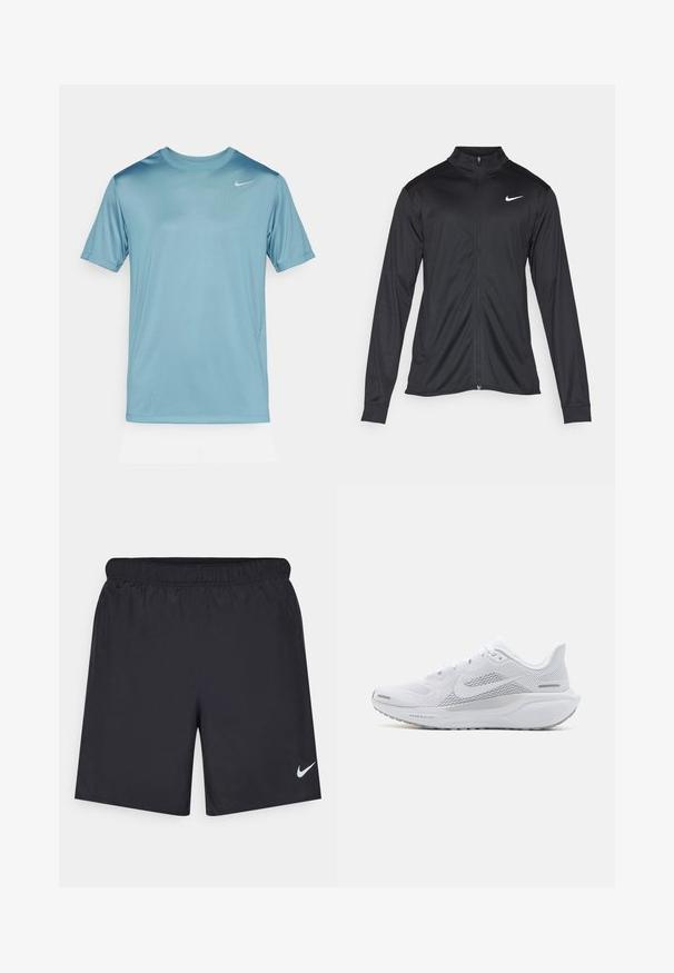 Jachetă sportivă neagră cu mâneci lungi, guler și fermoar complet. Prezintă un logo Nike subtil, alb, pe pieptul din stânga sus. Textură netedă.; Cămașă sport de culoare albastru deschis, realizată dintr-un material neted și respirabil. Prezintă un decolteu rotund și mâneci scurte, având un logo alb mic pe piept.; Pantaloni scurți atletici negri, fabricați dintr-un material ușor, cu un talie elastică. Au un mic logo alb Nike în partea stângă jos.; Pantofii sport albi cu un superior din plasă, suprapărți cu textură netedă, accente gri, șireturi și o talpă căptușită, concepuți pentru performanță.