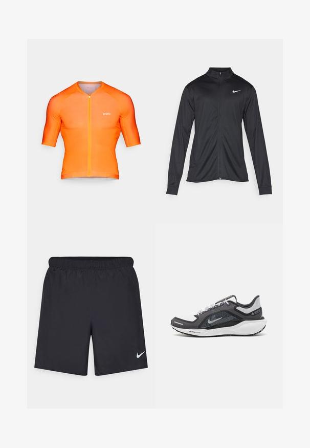 Veste de sport noire à manches longues, avec col et fermeture éclair intégrale. Présente un logo Nike subtil en blanc sur le côté supérieur gauche de la poitrine. Texture lisse.; Maillot de cyclisme à manches courtes en dégradé d'orange, fabriqué en tissu extensible, avec une fermeture éclair sur le devant, un col rond et un petit logo sur le devant.; Shorts de sport noirs en matériau léger avec une taille élastique. Présente un petit logo Nike blanc sur le bas du côté gauche.; Baskets de sport noires et grises avec un empeigne en maille, des accents réfléchissants et un intermédiaire blanc. Comprend une semelle extérieure en caoutchouc texturé et des lacets.