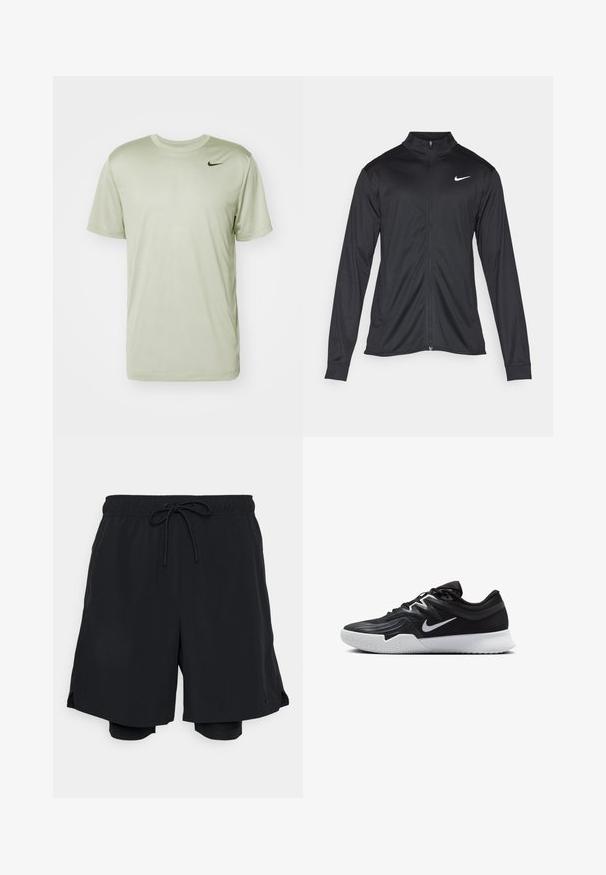 Zwarte sportjack met lange mouwen, kraag en volle rits. Voorzien van een subtiele Nike-logo in het wit op de bovenste linkerborst. Soepele textuur.; Nike Performance TEE RESET - Sport T-shirt - jade horizon; Zwarte sportshorts van lichtgewicht stof, met een elastische tailleband en trekkoord, en een aansluitende binnenbroek.; Zwarte sportieve schoen met een gestructureerde bovenkant, witte Nike swoosh en een witte rubberen zool. Beschikt over een veterontwerp en een dynamische vorm.