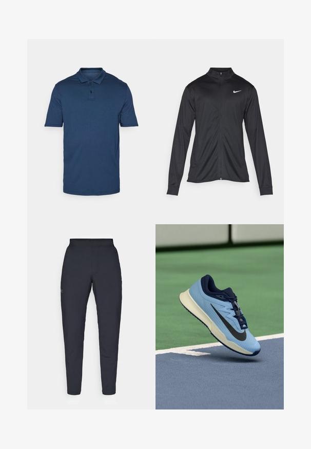 Juodas sportinis švarkas su ilgomis rankovėmis, apykakle ir pilnu užtrauktuku. Yra subtilus baltas Nike logotipas kairėje krūtinės pusėje. Lygus tekstūra.; Tamsiai mėlynas trumpa rankovė polo marškinėliai, pagaminti iš minkštos medžiagos; turi klasikį apykaklę, tris mygtukus ir subtilų siuvimo detalę.; Juodos sportinės kelnės su lygiu paviršiumi, siauru siluetu, elastingu juosmeniu ir šoninėmis kišenėmis. Mažas logotipas yra kairėje šlaunyje.; Šviesiai mėlyna sportinė avalynė su tamsiai mėlynais akcentais, tekstūruota tinklelis viršutinėje dalyje ir juodu "Swoosh" logotipu. turi paminkštintą tarpinį padas ir guminį padas.