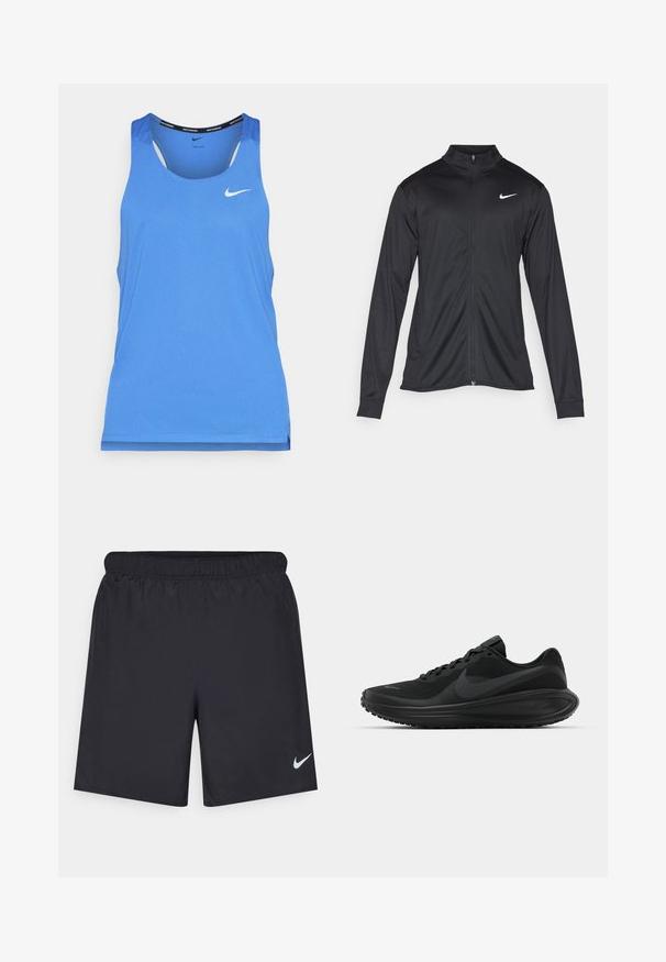 Zwarte sportjack met lange mouwen, kraag en volle rits. Voorzien van een subtiele Nike-logo in het wit op de bovenste linkerborst. Soepele textuur.; Blauw Nike hardloop tanktop met een ronde halslijn, mouwloos ontwerp en een subtiele geperforeerde structuur. Logo-detail aan de voorkant.; Zwarte sportshorts gemaakt van lichtgewicht materiaal met een elastische tailleband. Voorzien van een klein wit Nike-logo aan de onderzijde aan de linkerkant.; Zwarte sportieve sneakers met een gestructureerd mesh bovenwerk, vetersluiting, dikke zool en een prominent zwart Nike swoosh-logo aan de zijkant.