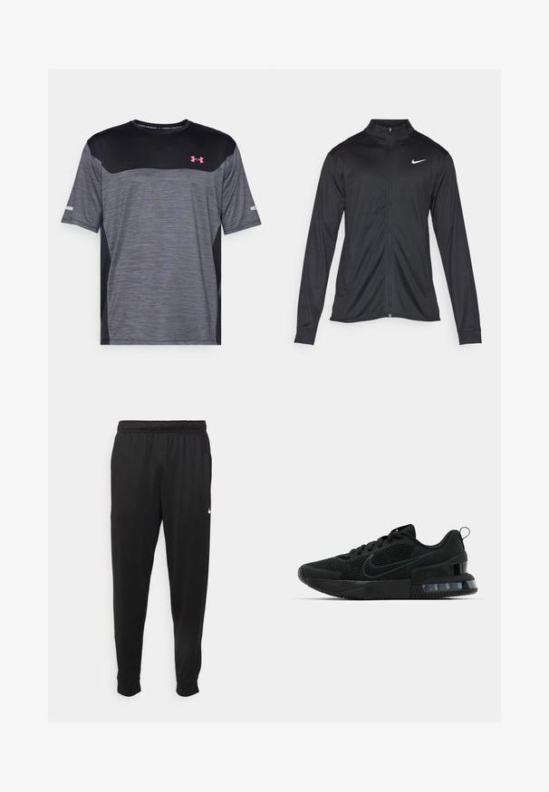 Svart idrettsjakke med lange ermer, krage og full glidelås. Har en subtil Nike-logo i hvitt på øvre venstre bryst. Glatt tekstur.; Grå og svart kortermet treningstrøye med strukturelt mønster, rund hals og rosa Under Armour-logo på brystet.; Svarte treningsbukser laget av glatt stoff, med elastisk midje, smale ben og en liten hvit logo på venstre side.; Svarte Nike-sneakers med mesh-overdel, teksturert såle og synlig luftpute i hælen. Detaljer og logo i en mørkere svart nyanse.