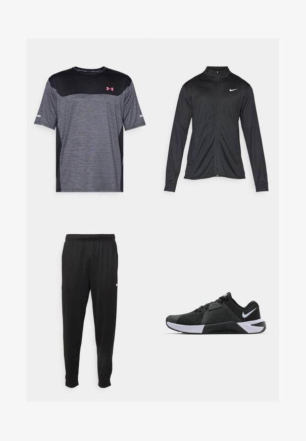 Jacket desportivo preto com mangas longas, colarinho e fecho zip completo. Apresenta um discreto logotipo da Nike em branco na parte superior do lado esquerdo do peito. Textura suave.; Camiseta atlética de manga curta em cinza e preto, com um padrão texturizado, decote redondo e logotipo rosa da Under Armour no peito.; Calças de desporto pretas feitas de tecido suave, com uma cintura elástica, pernas ajustadas e um pequeno logo branco no lado esquerdo.; Nike Performance METCON 10 - Sapatilha de treino - black/white/anthracite