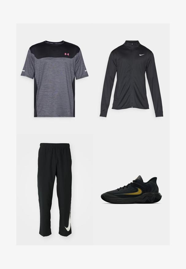 Svart idrettsjakke med lange ermer, krage og full glidelås. Har en subtil Nike-logo i hvitt på øvre venstre bryst. Glatt tekstur.; Grå og svart kortermet treningstrøye med strukturelt mønster, rund hals og rosa Under Armour-logo på brystet.; Svarte treningbukser med elastisk midje, smalere design, med en stor hvit Nike-logo på venstre bein. Myk, lett stoff.; Svart og mørkegrå idrettssko med svarte lisser og gull swoosh-logo, med en bølget såle design og polstret hælkollare.