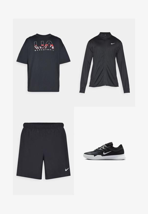 Black athletic jacket with long sleeves, collar, and full zipper. Features a subtle Nike logo in white on the upper left chest. Smooth texture.; Black short-sleeve t-shirt with a relaxed fit, featuring red and white graphic text "UA BASKETBALL" on the front. Soft fabric texture.; Black athletic shorts made of lightweight material with an elastic waistband. Features a small white Nike logo on the lower left side.; Black athletic shoe with a textured upper, white Nike swoosh, and a white rubber outsole. Features a lace-up design and dynamic shape.