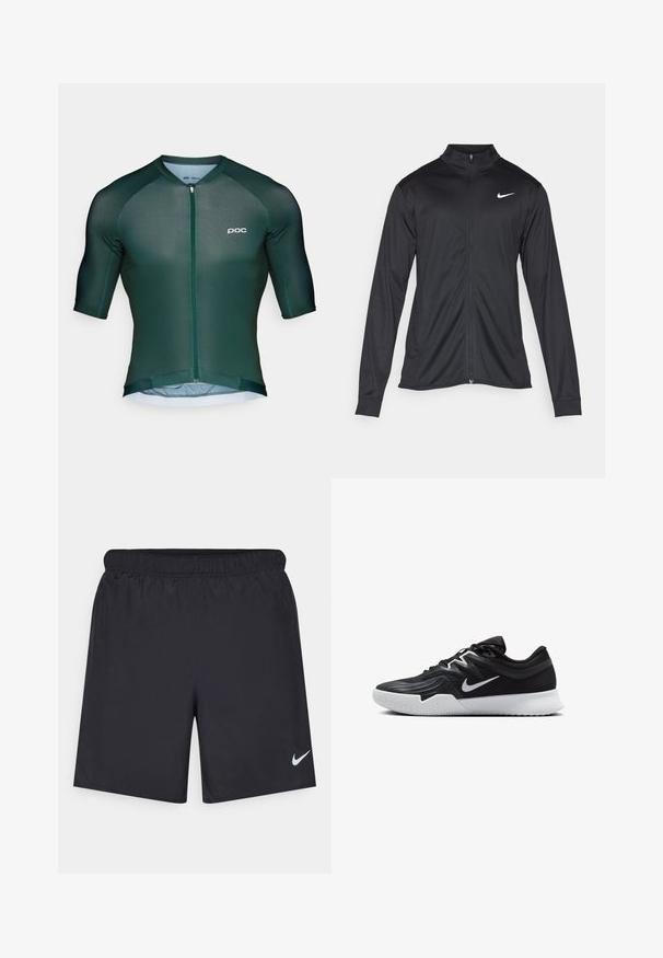 Μαύρο αθλητικό μπουφάν με μακριά μανίκια, γιακά και πλήρη φερμουάρ. Διαθέτει ένα διακριτικό λευκό λογότυπο της Nike στη πάνω αριστερή πλευρά του στήθους. Λείος υφασμάτινος χαρακτήρας.; Σκούρο πράσινο ποδηλατικό μπλουζάκι με κοντά μανίκια, μπροστινό φερμουάρ και διακριτική λεπτομέρεια λογότυπου. Κατασκευασμένο από ελαφρύ, αναπνεύσιμο υλικό.; Μαύρες αθλητικές βερμούδες από ελαφρύ υλικό με ελαστική μέση. Διαθέτουν ένα μικρό λευκό λογότυπο Nike στην κάτω αριστερή πλευρά.; Μαύρο αθλητικό παπούτσι με υφή στο επάνω μέρος, λευκό σήμα Nike και λευκή καουτσούκ σόλα. Διαθέτει σχέδιο με κορδόνια και δυναμικό σχήμα.